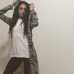 Black,white and gray  long sweater with a hoodie